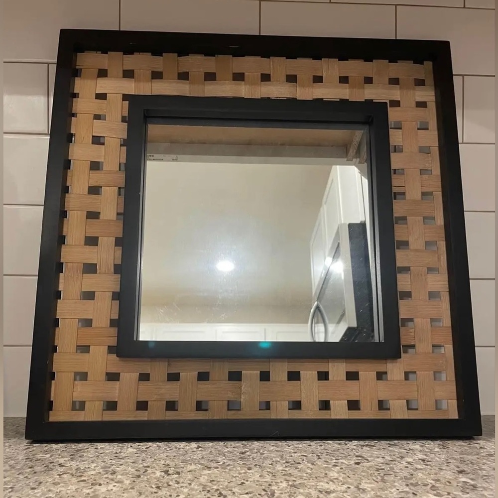 16 in. x 16 in. Farmhouse Square Framed Decorative Mirror With Weave Inset